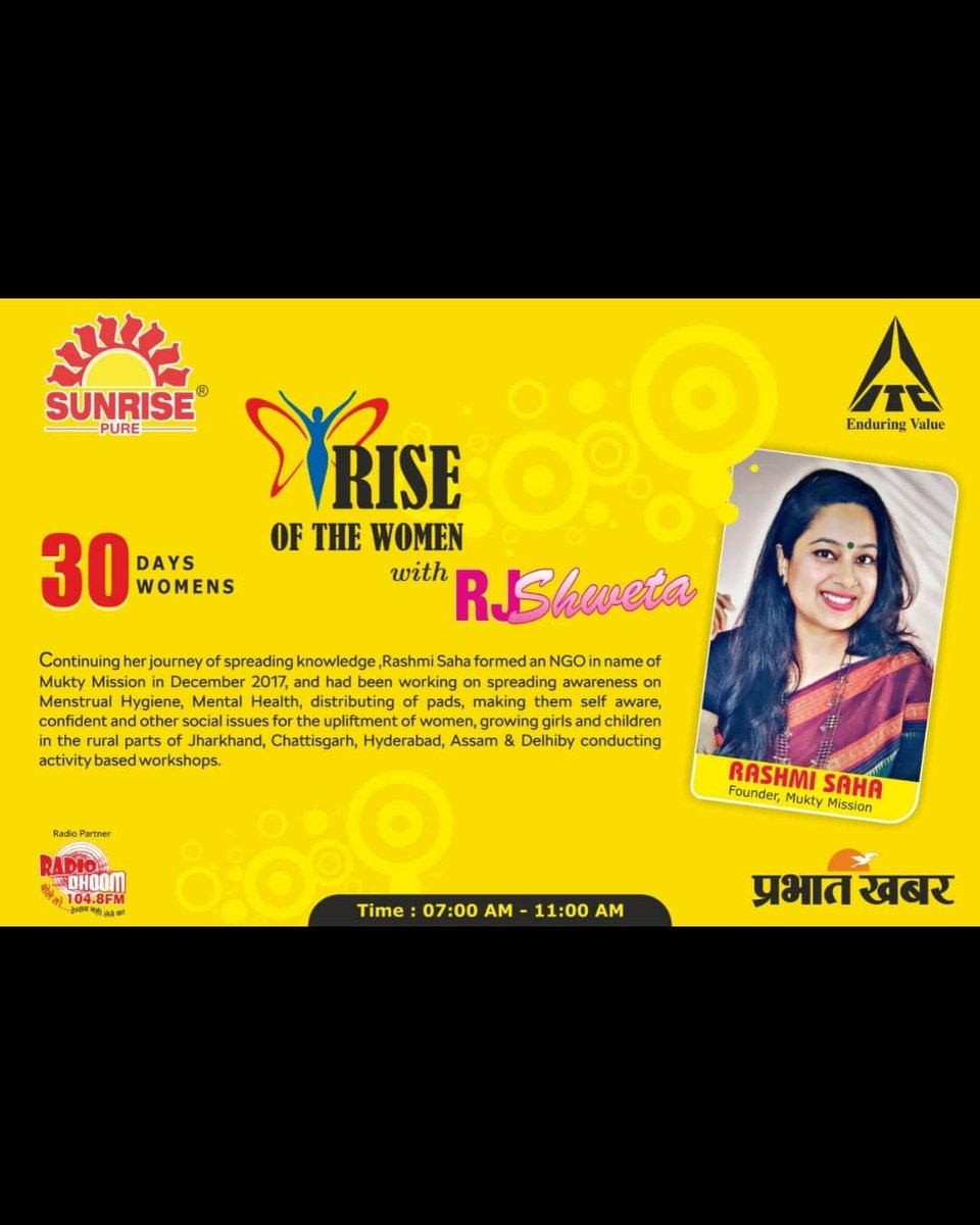 Rashmi_S149's tweet photo. Morning started like this 😊 Thankyou RadioDhoom &amp; Prabhat Khabar for this 🙏
Thankyou Khushboo Xalxo for being a kind supportive soul always .
 #gratitude #muktymission #lifecoachrashmisaha #padwoman https://t.co/TyL3dYRSoH