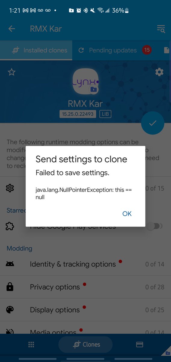 RayNeverLearns's tweet photo. @AppCloner Getting this error when trying to send settings to some clones even though this works for other clones of the same app. I just upgraded my Samsung Galaxy S10+ to OneUI 4 Beta (Android 12), so this may be related. I just hadn't tried this in a while, so not 100% sure. https://t.co/6VvmcbQbSo