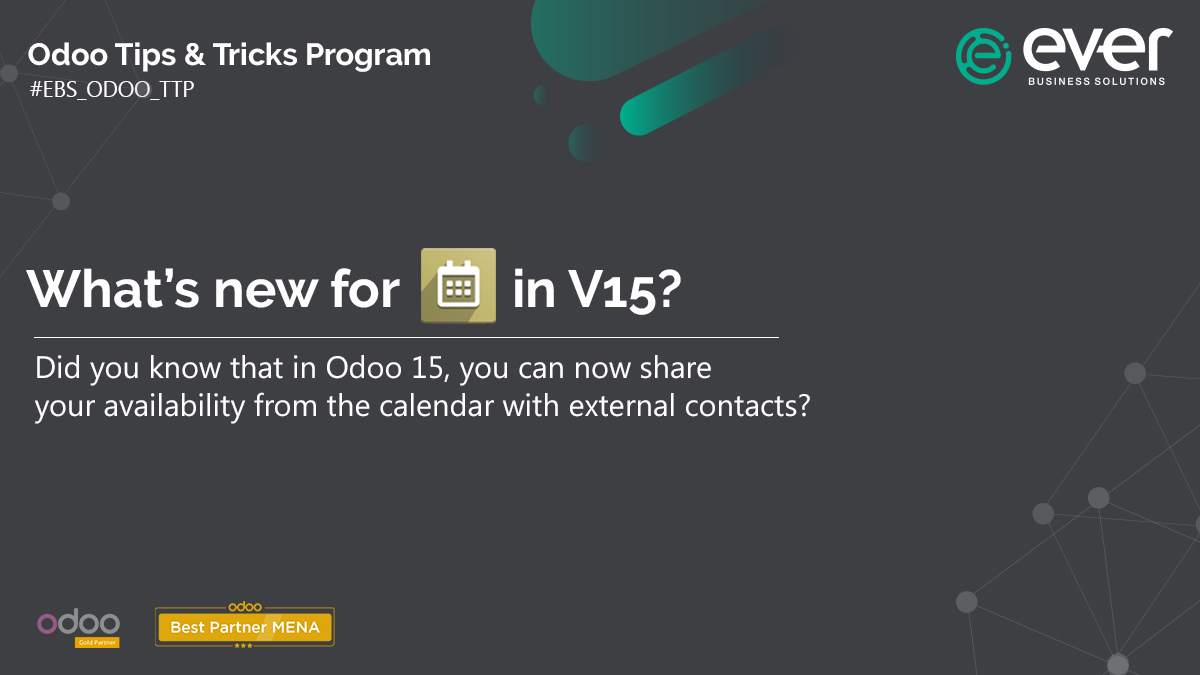 EverBSolutions's tweet image. Now with Odoo 15, you can share your #Calendar availability with external parties to facilitate the online #Appointments 
Custom Invitations, Slots definition, Leads from Appointments.
Check out our quick video on our TIP &amp;amp; TRICK PROGRAM Blog: 
bit.ly/3dMoUzs