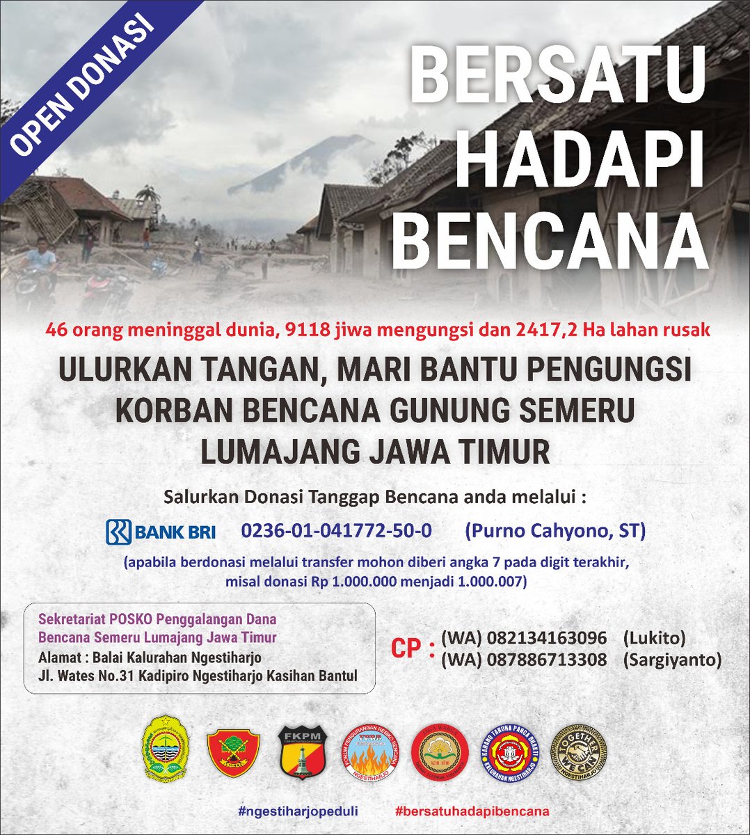 FPunokawan's tweet photo. #BERSATUHADAPIBENCANA

Mari ulurkan tangan, bantu pengungsi korban bencana Gunung Semeru Lumajang Jawa Timur

Salurkan Donasi Tanggap Bencana Anda melalui :
Rek BRI 023601041772500 a/n Purno Cahyono ST https://t.co/xAicGiQ6MW