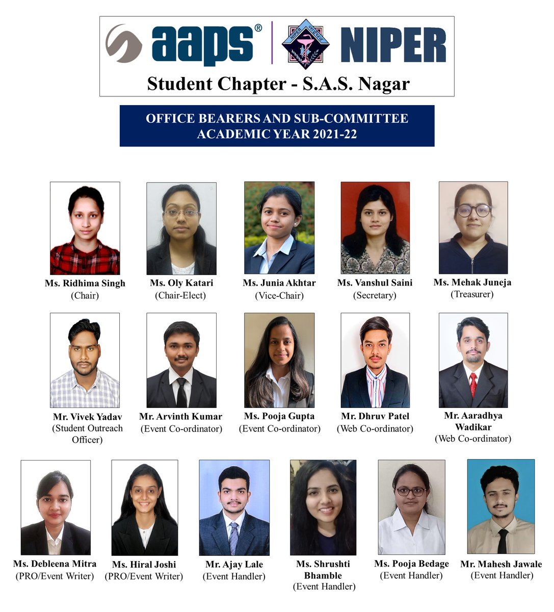 NIPER_AAPS's tweet photo. It gives us immense pleasure to introduce our ever enthusiastic and growth oriented office bearers of AAPS NIPER Student Chapter 2021-22. 

The main motive of this chapter is to "Unite and modernize the pharmaceutical domain for a better tomorrow".
#aapsniperstudentchapter #aaps https://t.co/MaFE9nzACN