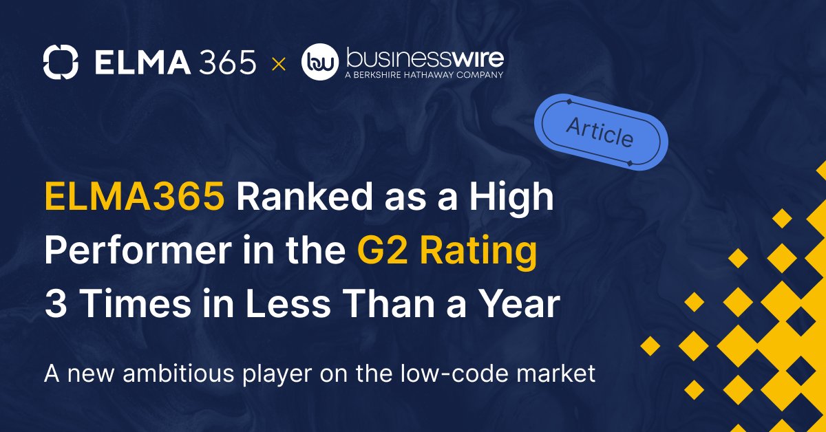BpmElma's tweet photo. Low-code is taking over the IT market! New players appear on the market all the time, attracting new users. The ELMA365 Low-code Platform is among them.
ELMA365 ranked as a High Performer in the G2 Rating three times in less than a year. Read more: 
https://t.co/ELkACpStTu https://t.co/GmBSEjRH5Z