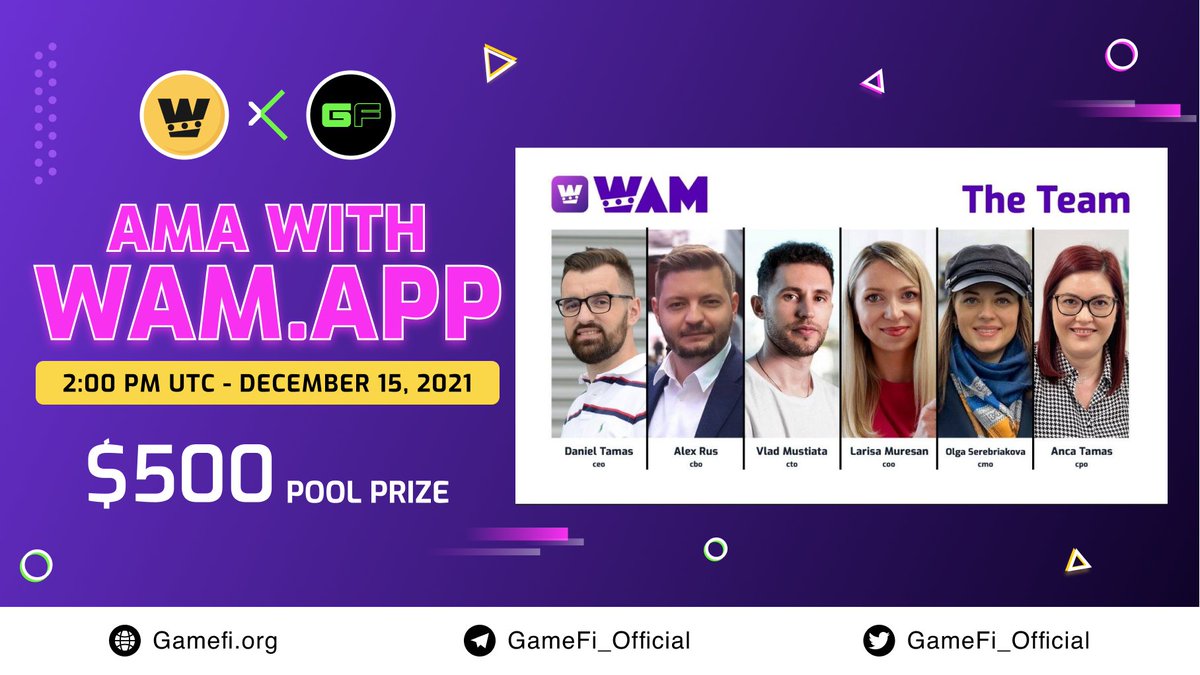🙌AMA with <a href="/wamcoin/">WAM</a> is coming your way. Don’t forget the date with the whole team here

⏰Time: 2:00 pm UTC, Dec 15
🧧Reward: $500

Rules:
▪️ Follow <a href="/GameFi_Official/">GAMEFI.ORG</a> &amp; <a href="/wamcoin/">WAM</a>
▪️ Like &amp; Retweet &amp; drop ONE question  
▪️ Join t.me/GameFi_Official

 $GAFI #GameFi $WAM