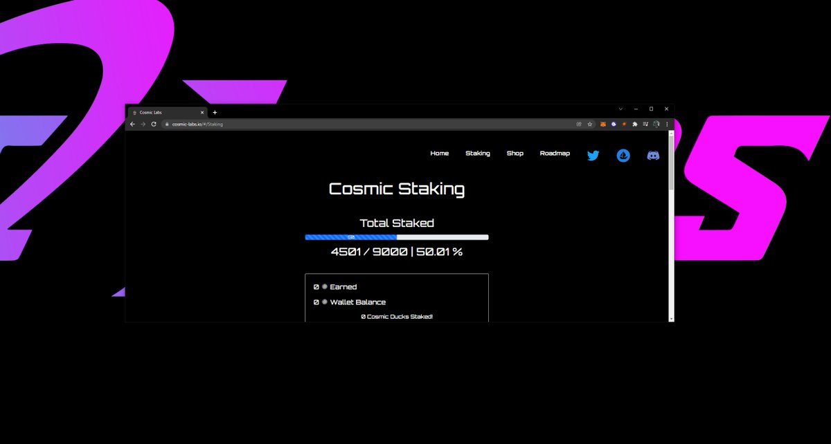 We hit 50% Staked. 

All Organic Growth.

No LP to incentivize staking. 

100% Utility. 

Tomorrow we celebrate by giving away 2 Genesis Ducks and 2 Cosmic ducks! 

Like, Share, and Retweet! 

#CosmicLabs #NFT #NFTs #Gaming