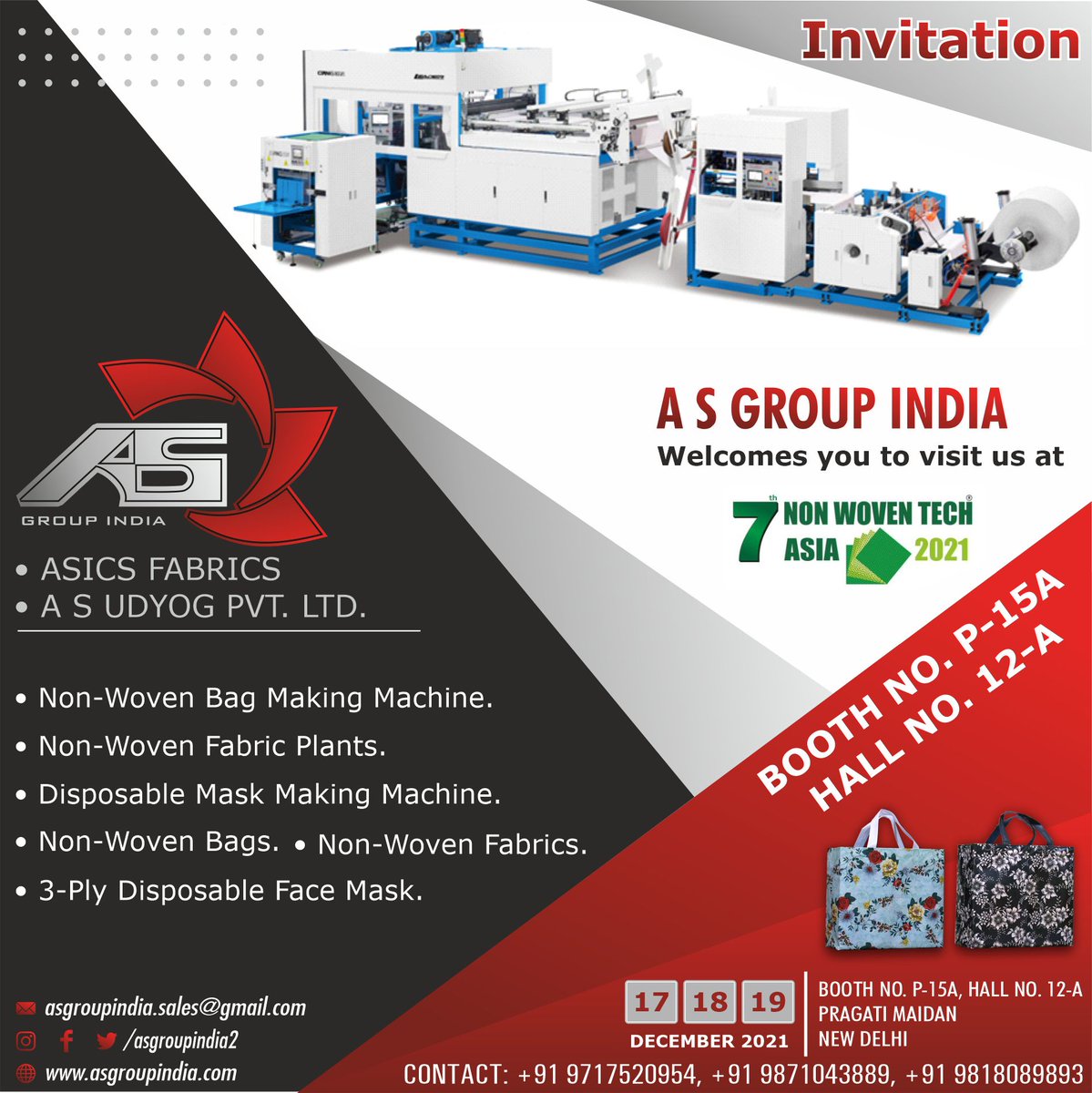 ASGroupIndia2's tweet photo. We A S Group India welcomes you to visit us at #NonWovenTechAsia 2021 Exhibition. 
17|18|19 December 2021. At Booth No. P-15A, Hall No. 12A, #PragatiMaidan
Get your free Visitor passes at: https://t.co/h1VHCKPk9C
#ASGroupIndia #ASICSFabrics #ASUdyog #Exhibition2021 #NonWovenBag https://t.co/LnydvUsQfe