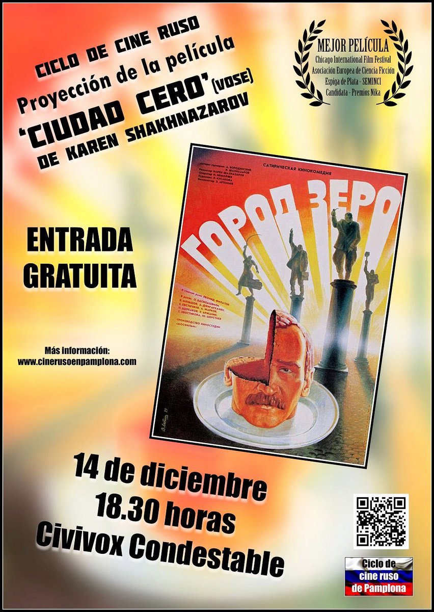 CerroIsabel's tweet photo. Hoy, a las 18:30 en Civivox Condestable #Pamplona el Ciclo de Cine Ruso proyecta el filme 'Ciudad Cero' de Karen Shakhnazarov.
Presenta la sesión @msuarezpamplona 
¡Nos vemos! #FelizMartes #Pamplona #Cine https://t.co/qIXksE0eTt
