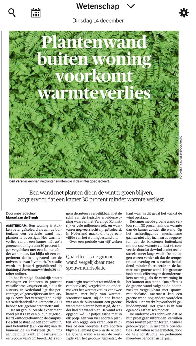 Heel boeiend! Groene wand aan de buitenmuur is qua effect vergelijkbaar met spouwmuurisolatie. Natuurinclusief bouwen dus! 
Artikel in NRC <a href="/nrcwetenschap/">NRC Wetenschap</a>
"Findings demonstrate a 31% improvement to traditional masonry wall U-values"
Origineel artikel: sciencedirect.com/science/articl…