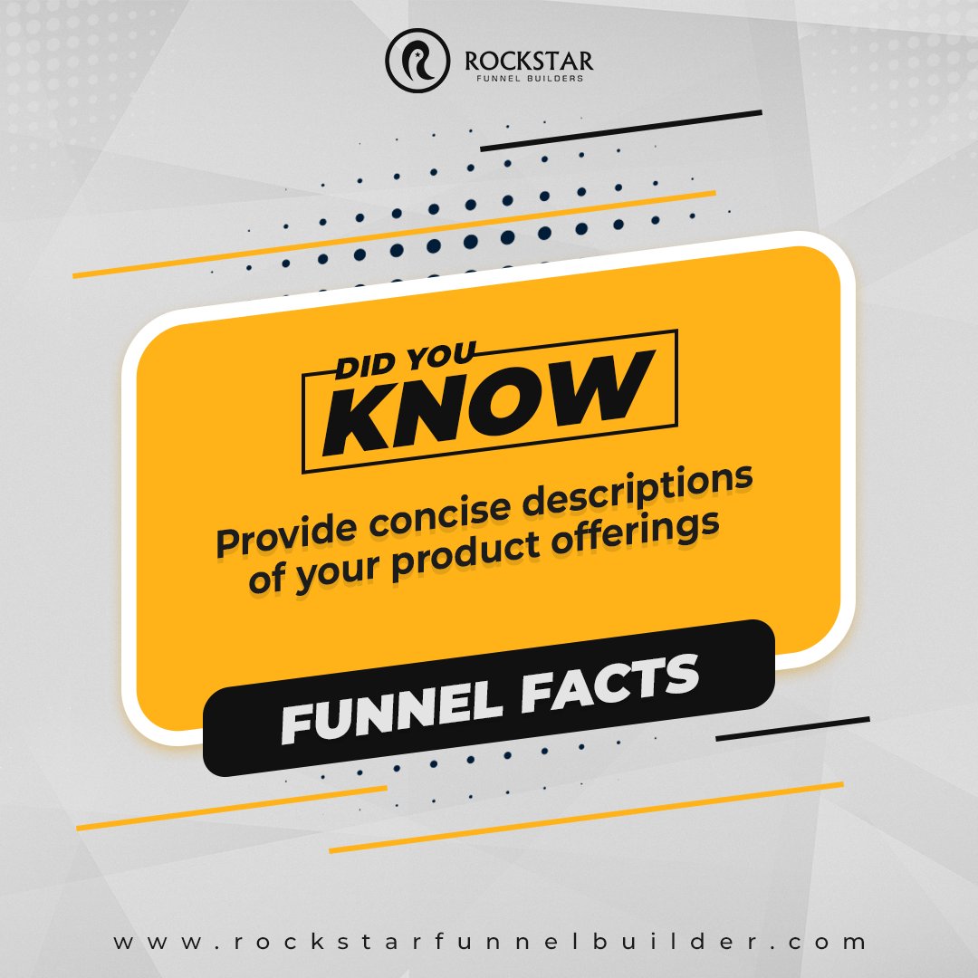 Rockstarfunnels's tweet image. Don’t leave your clients with too many questions. Let them know everything that they need to know about you, your product, and your service.

Tune in for more funnel tips!

#RockstarFunnelBuilders #FunnelTips #SalesFunnels #LandingPages #Agency #Entrepreneurs #DigitalMarketing