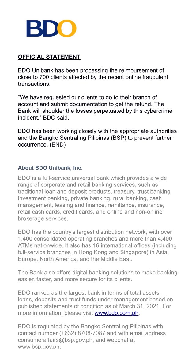 leecochip's tweet photo. BDO asking affected depositors to submit requirements ASAP. 700 clients about to be reimbursed, it said ⁦@manilabulletin⁩ https://t.co/Pt0IeGO9iE