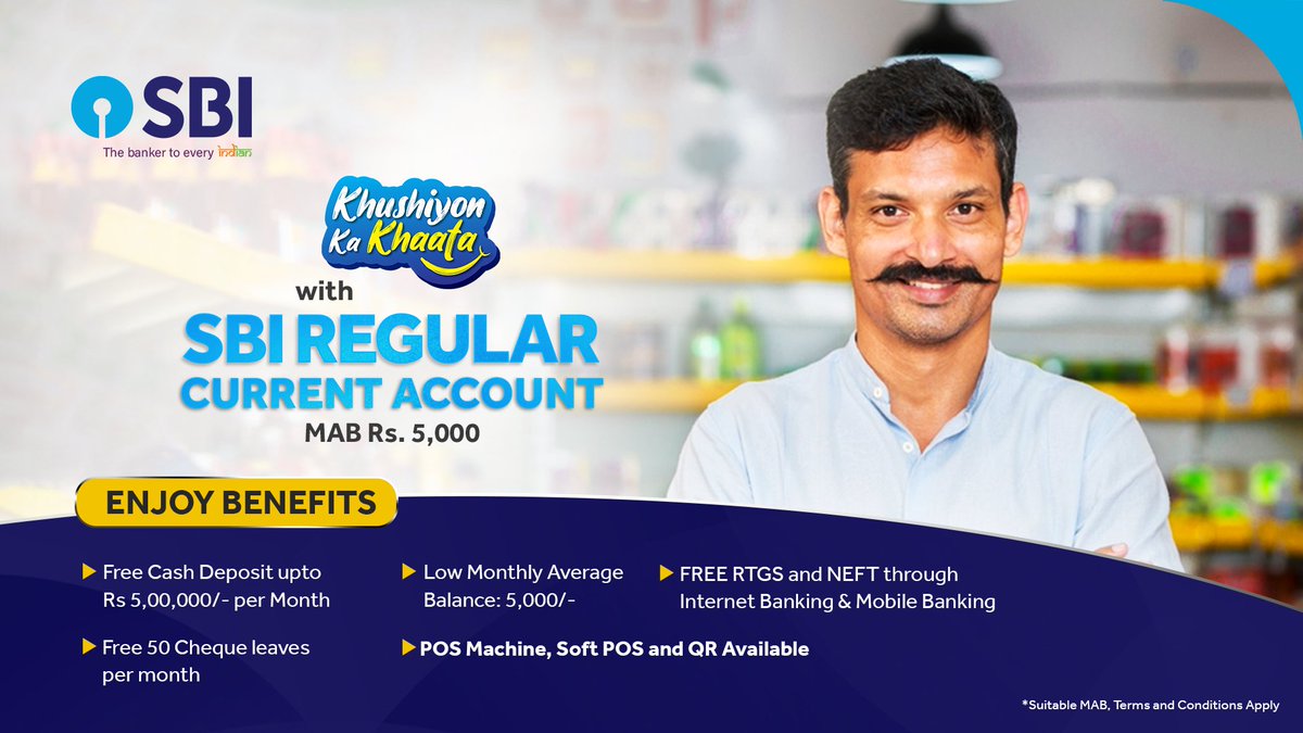 TheOfficialSBI's tweet photo. Take a step toward new opportunities with SBI Current Account.
Open your account now and enjoy a wide range of benefits!
Know more: https://t.co/pWo3FK5OPo
#SBICurrentAccount
#KhushiyonKaKhaata #RegularCurrentAccount https://t.co/ntC7tT4niG