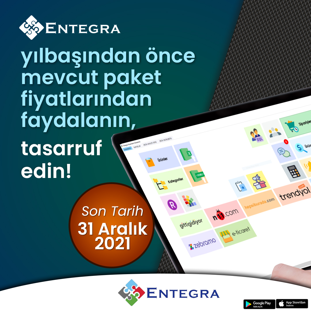 Mevcut paket fiyatlarından faydalanın, tasarruf edin! Son Tarih 31 Aralık 2021!

Detaylı Bilgi >> bit.ly/2Or3Q5Y

#entegra #eticaret #erp #muhasebe #kargo #pazaryeri #pazaryerientegrasyon #ecommerce