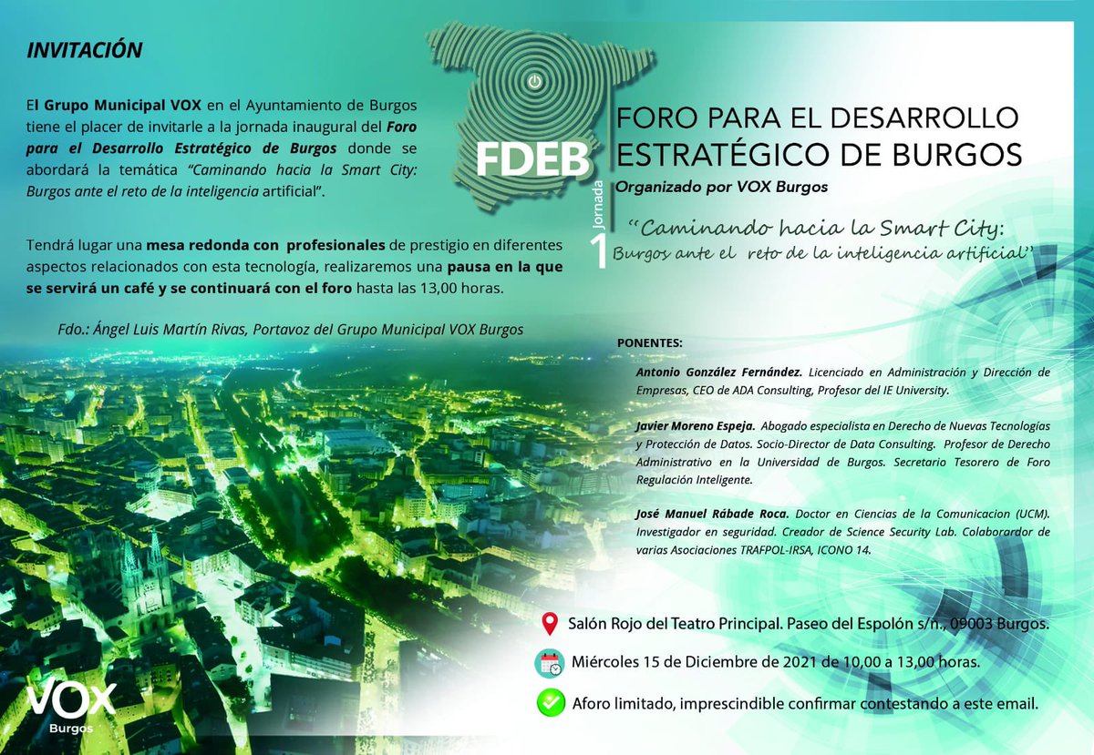 _DATACONSULTING's tweet photo. Mañana de 10:00 a 13:00 @jmorenodata intervendrá en el Foro para Desarrollo Estratégico de Burgos. Se hablará sobre la Smart City, inteligencia artificial y sus implicaciones legales. #smartcities #inteligenciaartifical #privacidad #rgpd https://t.co/kRzW0DigSc