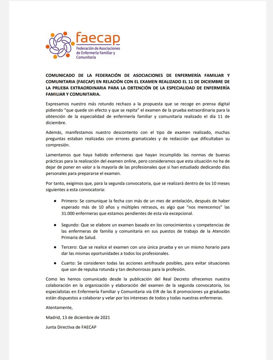 faecap's tweet photo. NO A LA REPETICIÓN DEL EXAMEN
 @faecap expresa nuestro malestar con la situación generada por medios e comunicación y redes sociales en relación a los problemas en la #viaexcepcionalefyc. Creemos que e han de tomar medidas para el siguiente examen. @Educaciongob  @sanidadgob https://t.co/IRm5WwCUmv