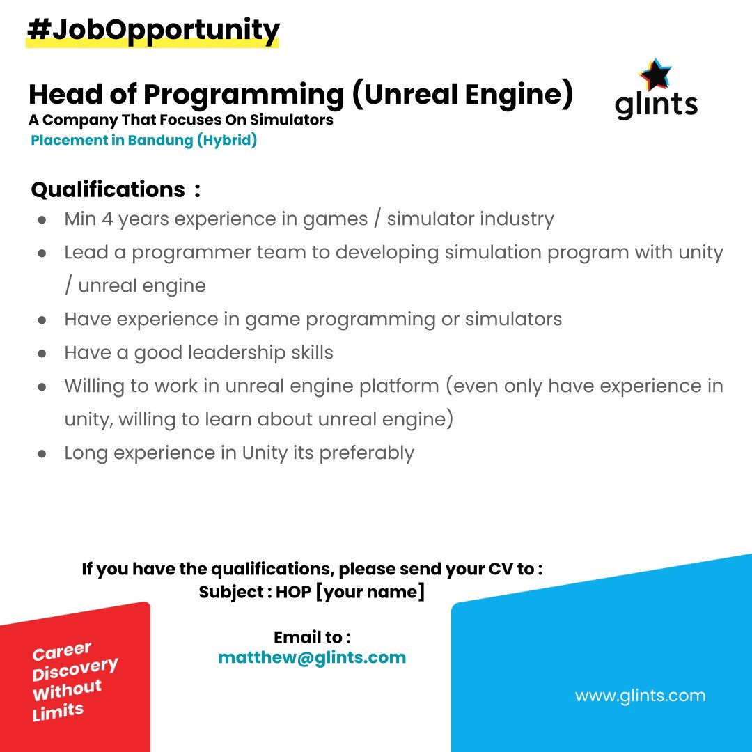 matthewjedidiah's tweet photo. @h3ny4n4 Hi Mr. Hendrayana,
I'm Matthew from Glints here. Now i'm looking for Head of Programming position placement in Bandung (a company that focuses on simulators/game simulator). If you are open to new opportunities would you share your contact for further discussion? Thanks. https://t.co/yUyH6BLgqD