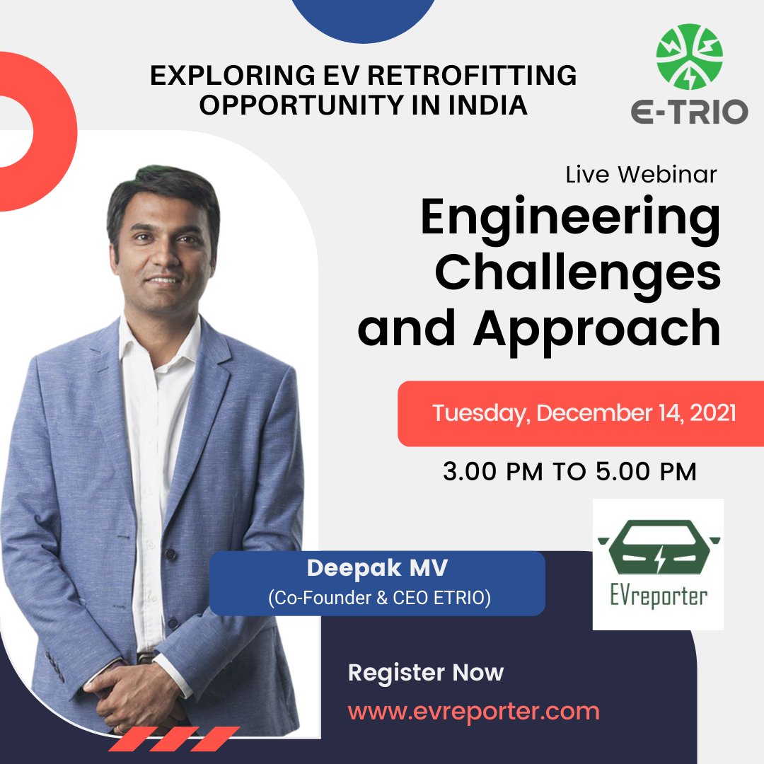 Etrio (@etrioautomobile) on Twitter photo ETRIO welcomes you all to join the EXPLORING eV RETROFITTING OPPORTUNITY in INDIA on Tuesday, 14th of December for the virtual session on Engineering Challenges and Approach. ETRIO`s CEO & Co-Founder, Mr. <a href="/DeepakMV/">Deepak Valecha</a> is in conversation with other speakers ETRIO welcomes you all to join the EXPLORING eV RETROFITTING OPPORTUNITY in INDIA on Tuesday, 14th of December for the virtual session on Engineering Challenges and Approach. ETRIO`s CEO & Co-Founder, Mr. <a href="/DeepakMV/">Deepak Valecha</a> is in conversation with other speakers