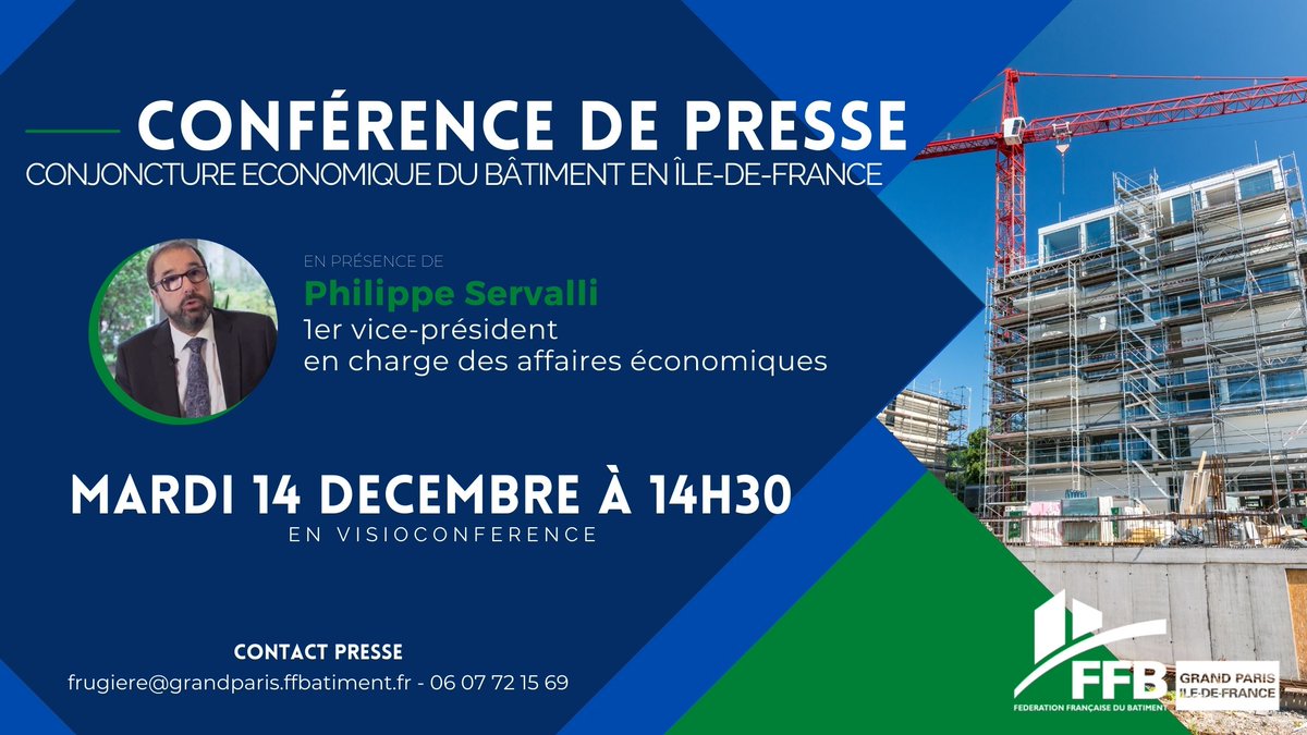 JLTuffier's tweet image. 🎤 [#Conférence de #presse]
Philippe Servailli, vice-président en charge des affaires économiques, tiendra cet après-midi une visioconférence de presse sur la #conjoncture #économique du #Bâtiment #francilien.