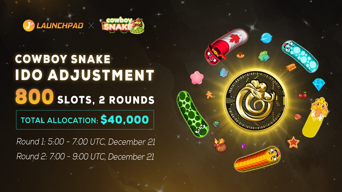 CowboySnake (@cowboysnake) on Twitter photo COWBOY SNAKE - IDO ADJUSTMENT ON JLAUNCHPAD
<a href="/CowboySnake/">CowboySnake</a> and #JLaunchpad have decided to INCREASE the Total Allocation and Slots for the upcoming IDO on JLaunchpad. 🤩🤩🤩
More details, click here:
t.me/cowboysnakeNFT… COWBOY SNAKE - IDO ADJUSTMENT ON JLAUNCHPAD
<a href="/CowboySnake/">CowboySnake</a> and #JLaunchpad have decided to INCREASE the Total Allocation and Slots for the upcoming IDO on JLaunchpad. 🤩🤩🤩
More details, click here:
t.me/cowboysnakeNFT…