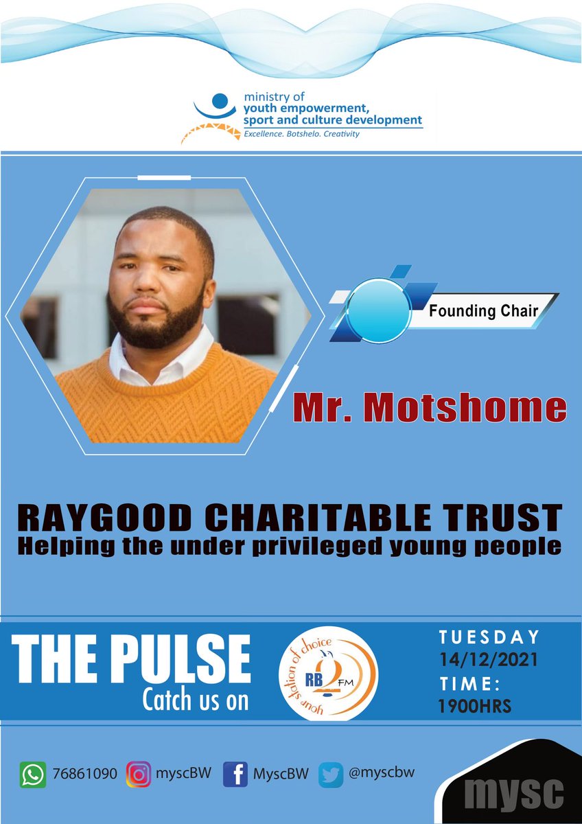 Catch our Founder and Chairman Mr. Raymond G. Motshome today on The Pulse on Rb2 at 1900hrs where he’ll be engaged in a conversation about everything Charity and The RayGood Charitable Trust. Don’t miss it. ✨