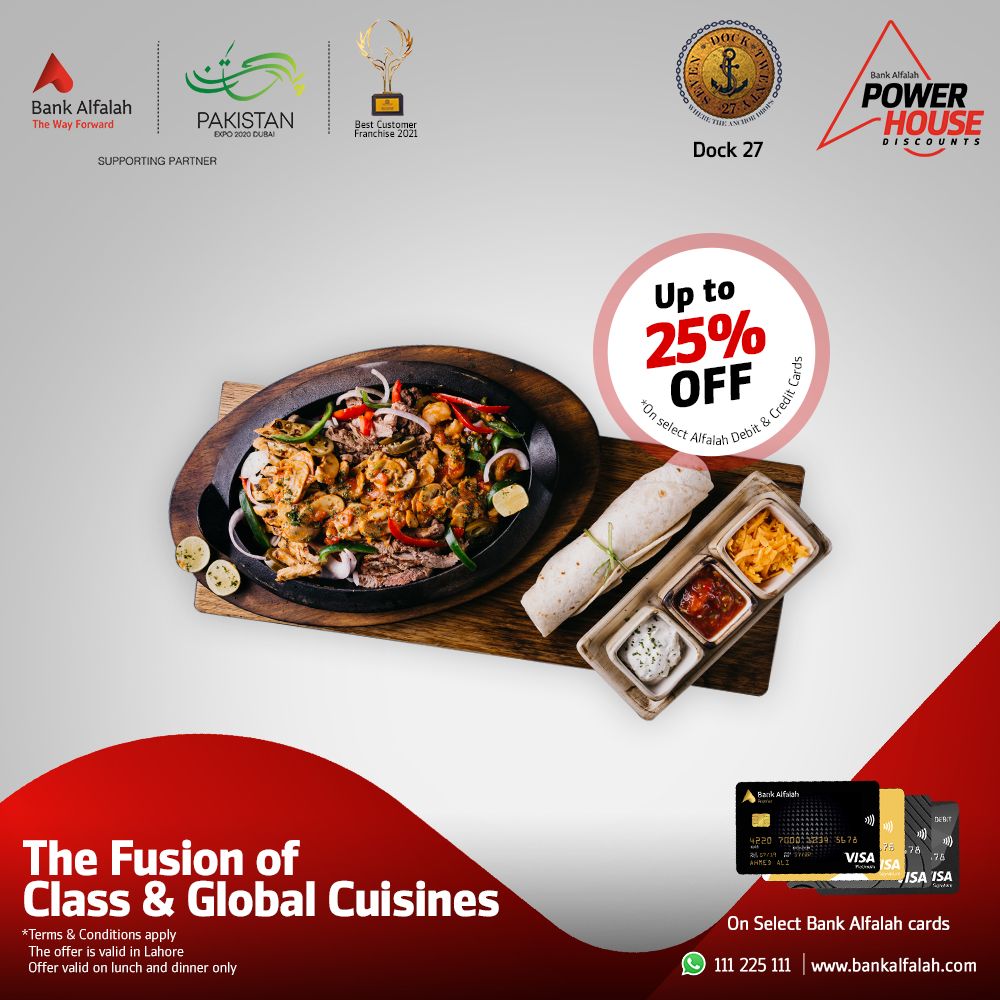 BankAlfalahPAK's tweet photo. Elevate your dining experience with Dock 27, the fusion of global cuisines and luxury. Bank Alfalah Power House Discounts bring you up to 25% off on Dock 27 in Lahore.
T&C Apply
#BankAlfalah #TheWayForward #PowerHouseDiscounts #BAFCards #Dock27 https://t.co/MAbOvBEuzC
