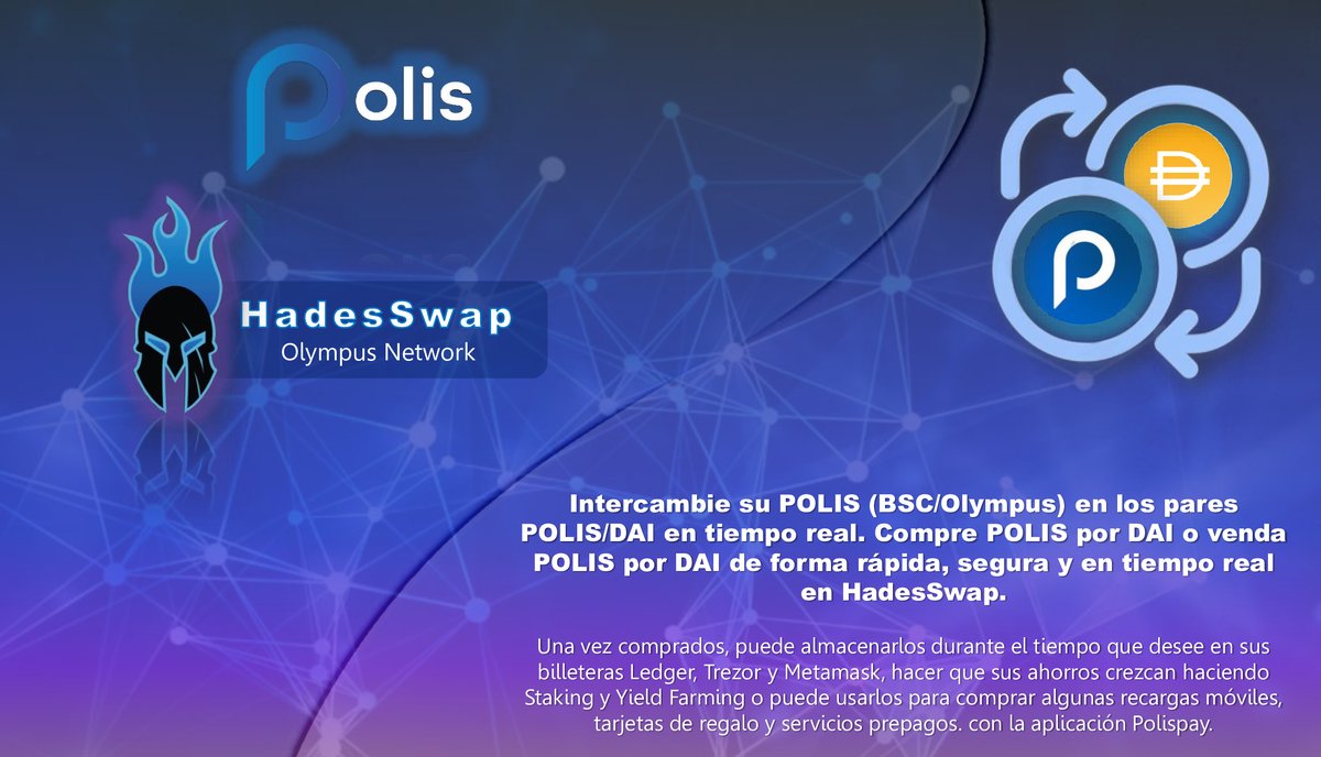Sabias que puedes intercambiar Polis (Olympus/BSC) en el par $Polis / $DAI en <a href="/HadesSwap/">Hades Swap</a>? 

👀 Puedes verlo aquí:
- hadesswap.finance/swap

<a href="/PolisChain/">Polis Chain</a> #Polis #Criptomonedas #blockchain #DeFi  #YieldFarming #cryptocurrecy
