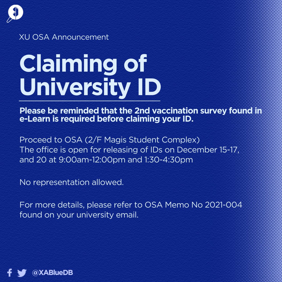 XABlueDB's tweet photo. ๐๐๐๐๐๐๐๐ ๐๐
๐๐๐๐๐๐๐๐๐๐ ๐๐๐ฌ
The 2nd vaccine survey found on eLearn serves as a requirement for claiming of the University ID will be on 15-17 and 20 December 2021 from 9:00 am to 12:00 nn / 1:30 to 4:30 pm.
#KaCSG
#XavierAteneo
#XABlueDB https://t.co/iBDRzhRYRp