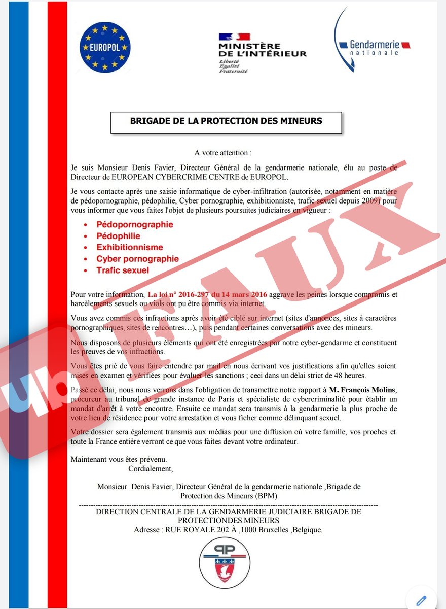 Phishing policier 👮
Le meilleur :
"Contactez nous par mail sinon votre dossier sera transmis aux médias pour diffusion où votre famille, vos proches et toute la France verront ce que vous faites devant votre ordinateur.
Maintenant vous êtes prévenu.
Cordialement" 🤗