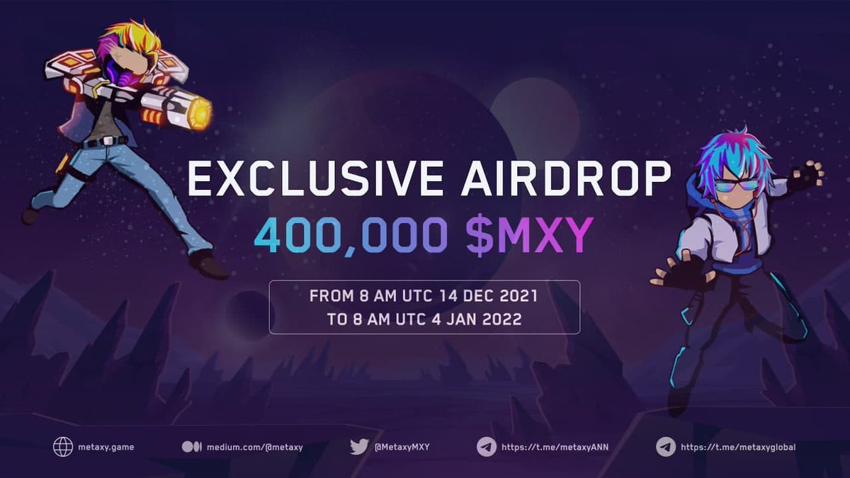 ⚡️⚡️ METAXY'S FIRST AIRDROP IS LIVE! ⚡️⚡️ 🏮Welcome to MetaxyGame Community Participate in our Airdrop and earn 200 MXY (~$10) for doing tasks. Join our airdrop bot here: t.me/MetaxyGameAird… Airdrop rewards will be distributed to your wallet address After IDO