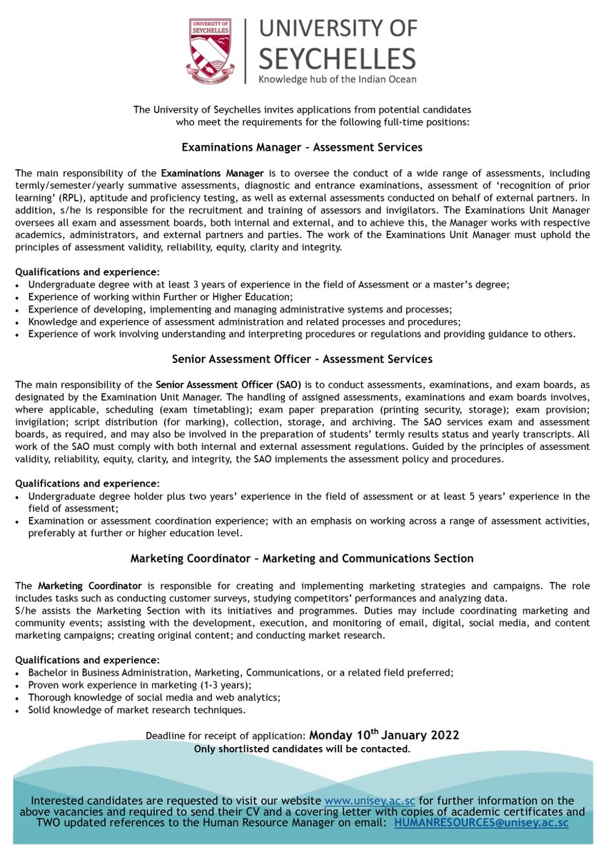 UniofSeychelles's tweet photo. APPLY NOW !!!
#joboffers #assessment #examination #marketing  #UniSey #qualifications #experience #officer #coordinator #manager #fulltime #degree #UniversityofSeychelles https://t.co/P3qjDRJGeR