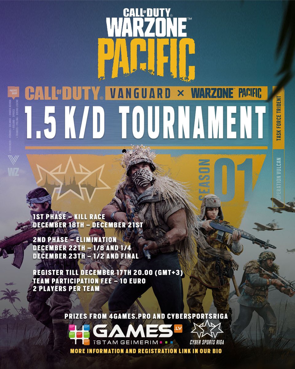 🎯 New map, new 1.5 k/d Duos tournament 🎯

🔒 Format: Public lobby
🪖 Only for players with a 1.50 all-time K/D ratio or less. 
More info at cybersportsriga.com