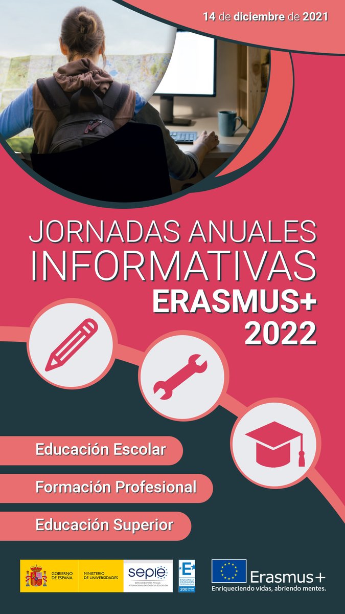 ⏱️Sigue en directo las 
🖥️Jornadas informativas #ErasmusPlus 2022. 
✏️E. Escolar.
youtube.com/watch?v=FBCm_d…

🖥️Jornadas informativas #ErasmusPlus 2022. 
🔧FP.
youtube.com/watch?v=1hXweM…

🖥️Jornadas informativas #ErasmusPlus 2022.
🎓 Educación Superior 
youtube.com/watch?v=okvoqg…