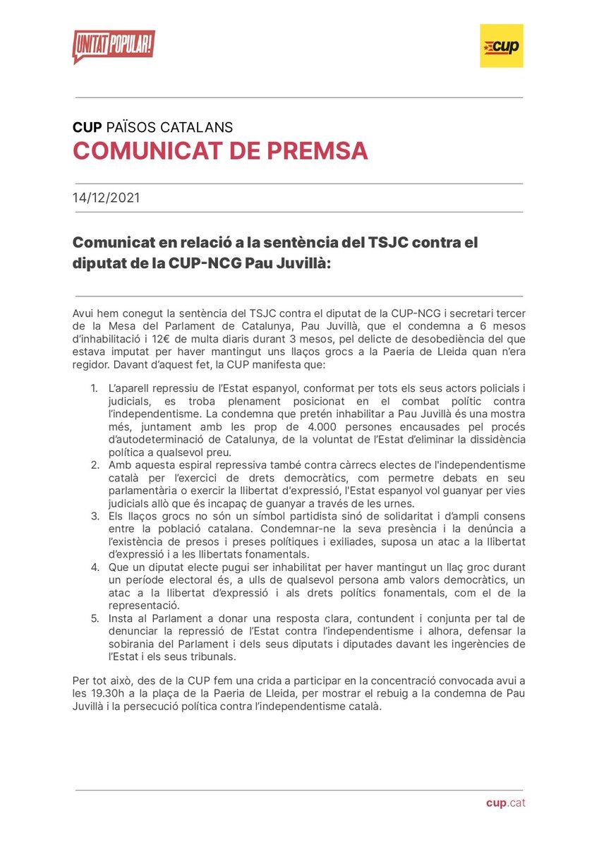 cupnacional's tweet photo. 🔴 ÚLTIMA HORA | El TSJC notifica la sentència de 6 mesos d'inhabilitació a @pjuvilla.

👉 https://t.co/pGBGmohkYE https://t.co/hndZQV0CBg