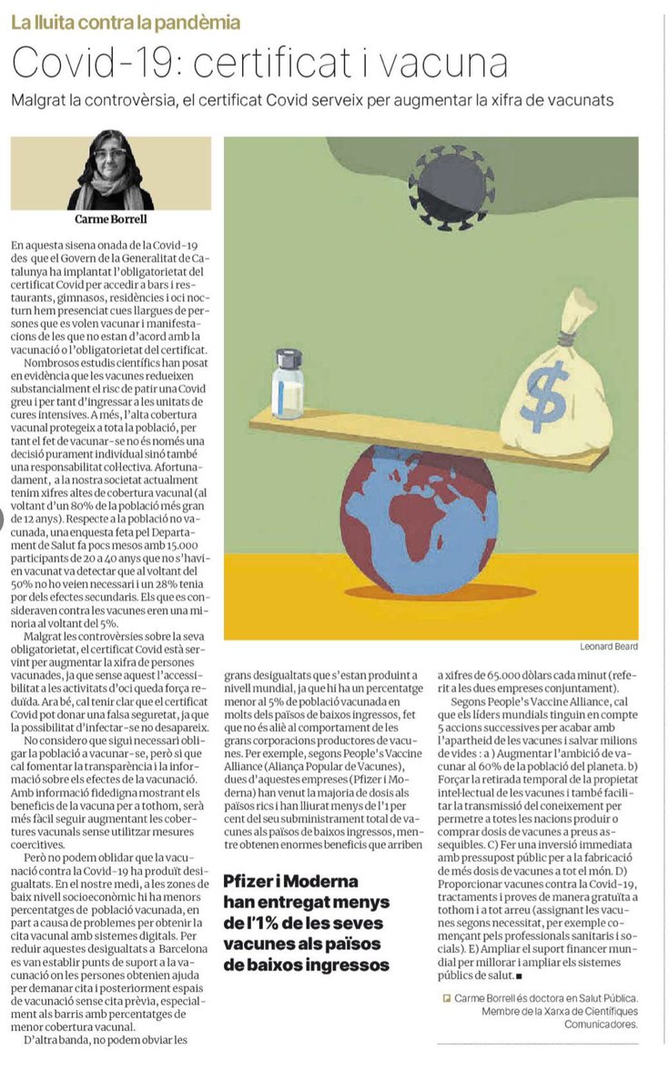 Aquí teniu la meva reflexió sobre la vacunació COVID-19 i les seves desigualtats. I com el certificat ha afectat. Avui a <a href="/elperiodico_cat/">El Periódico</a>