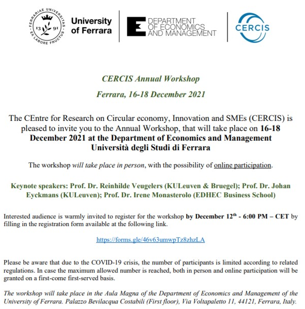 NicBarbieriX's tweet photo. The annual workshop of the @CErcisUNIFE research centre will start in a few days. #innovation #circulareconomy #SMEs
👇 The full programme is now available. 
👀 To attend the workshop via Google Meet please register to the following link: https://t.co/w02mmqc9p8 https://t.co/iz8OpFvdI4