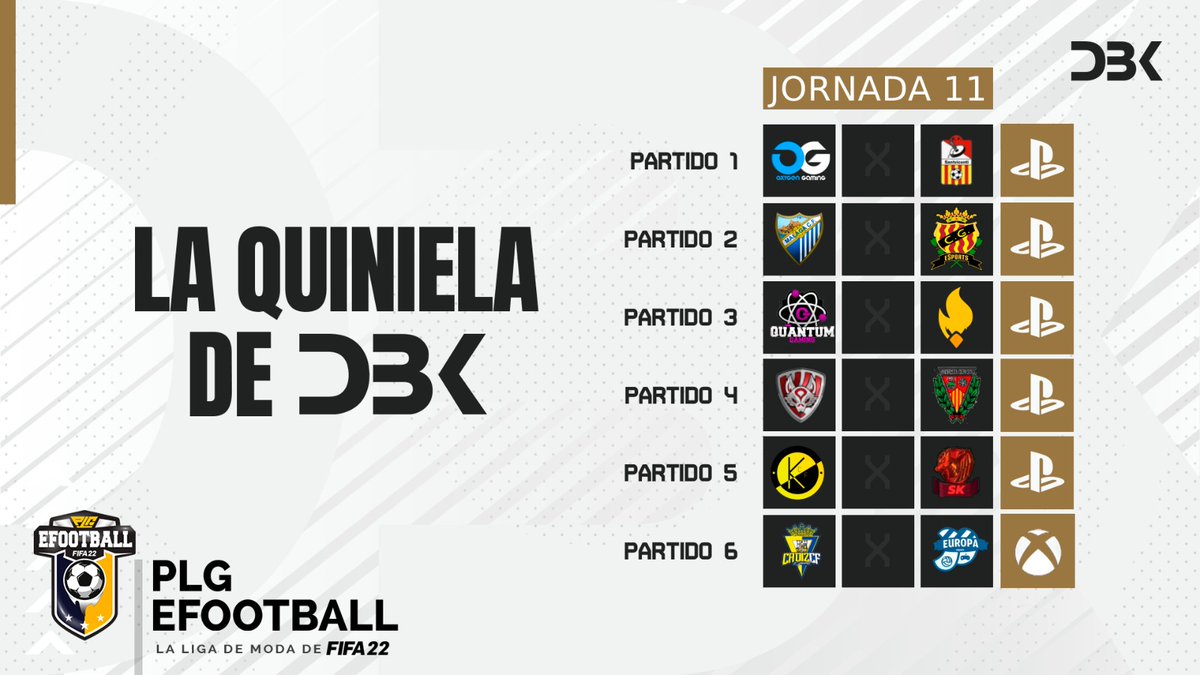 PLG efootball (@plgefootball) on Twitter photo 📌 JORNADA 11 DE #LaQuinielaEFdeDBK ✍️
¿Cómo participar?
➡️ Sigue a @DBKshopES & <a href="/PLGeFootBall/">PLG España</a>
➡️ RT 🔁
➡️ Manda tu boleto
🎁PREMIO ¡PRENDA BASICA DE DBK!
🌐 dbkshop.es ⏬
▶️Pleno al 6⃣
▶️Máximo acertante de la semana
🎮 #LaLigadeModa #Fifa22 #Clubespro ⚽ 📌 JORNADA 11 DE #LaQuinielaEFdeDBK ✍️
¿Cómo participar?
➡️ Sigue a @DBKshopES & <a href="/PLGeFootBall/">PLG España</a>
➡️ RT 🔁
➡️ Manda tu boleto
🎁PREMIO ¡PRENDA BASICA DE DBK!
🌐 dbkshop.es ⏬
▶️Pleno al 6⃣
▶️Máximo acertante de la semana
🎮 #LaLigadeModa #Fifa22 #Clubespro ⚽