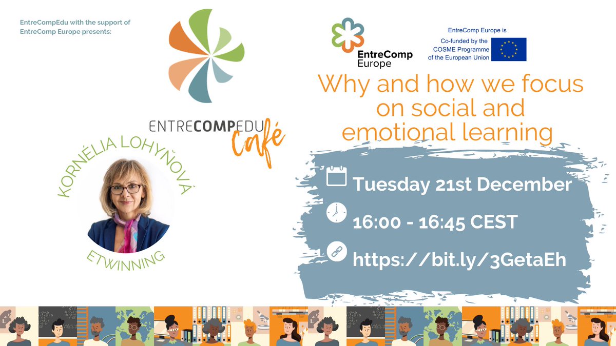 Bantani Education (@bantaniedu) on Twitter photo 📢 Join us in a new <a href="/EntreCompEurope/">EntreCompEurope</a> for <a href="/EntreCompEdu/">EntreCompEdu</a> Café Session! <a href="/lohynova/">Kornelia Lohynova</a> from <a href="/eTwinningEurope/">eTwinningEurope</a> will discuss "Why and how we focus on social and emotional learning" in her classroom
📅 Tue 21 Dec
⏰ 16:00 - 16:45 CEST
📝 bit.ly/3GetaEh 📢 Join us in a new <a href="/EntreCompEurope/">EntreCompEurope</a> for <a href="/EntreCompEdu/">EntreCompEdu</a> Café Session! <a href="/lohynova/">Kornelia Lohynova</a> from <a href="/eTwinningEurope/">eTwinningEurope</a> will discuss "Why and how we focus on social and emotional learning" in her classroom
📅 Tue 21 Dec
⏰ 16:00 - 16:45 CEST
📝 bit.ly/3GetaEh