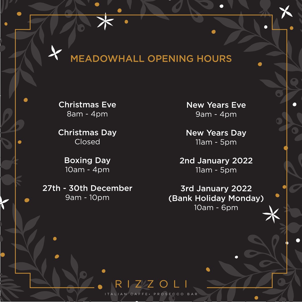 RizzoliProsecco's tweet photo. The countdown is on!

With the festive holidays just days away, why not make the rush of shopping more relaxing by treating yourself to one of our exclusive Christmas cocktails, or even better - a glass of our finest prosecco or champagne!🥂 #openingtimes #holidayopeningtimes https://t.co/ib2CV8NpCe