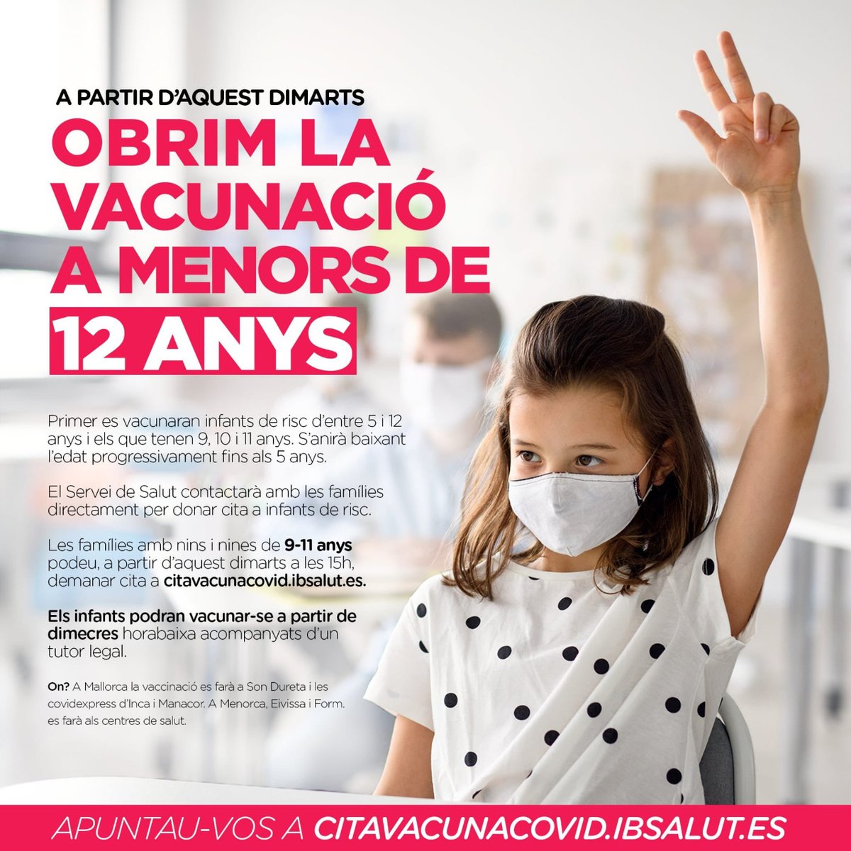 apmallorca's tweet photo. Avui a les 15 h #BitCita per a la vaccinació 💉contra la COVID-19 d’infants de 9,10 i 11 anys.
➡️ https://t.co/ucLtYipTaf
👁️Aquí tota la informació: https://t.co/tLVi624c6w https://t.co/djdWaVa8Td
