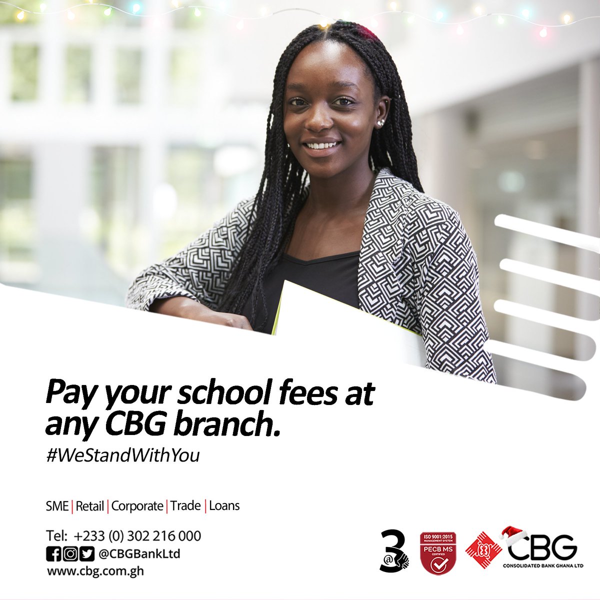 CBGBankLtd's tweet photo. There's no better place to pay your fees than at CBG. Visit any of our branches nationwide to do so at ease. 

CBG, #WeStandWithYou

#PayFees https://t.co/V7DJ0Zk1HP