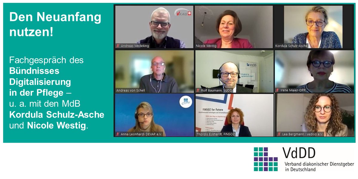 DerVdDD's tweet photo. Neustart! Das gilt auch für die Digitalisierung in der #Pflege. Heute Morgen sprach unser Bündnis mit Kordula Schulz-Asche (Grüne) @K_SA, @NicoleWestig (FDP) & Antonia Müller (SPD). Danke für den fachlichen Austausch! @DPflegerat @VKAD_web @bvitg @Vediso_eV #FINSOZ #DEVAP #Ampel https://t.co/yinY6VJUbW