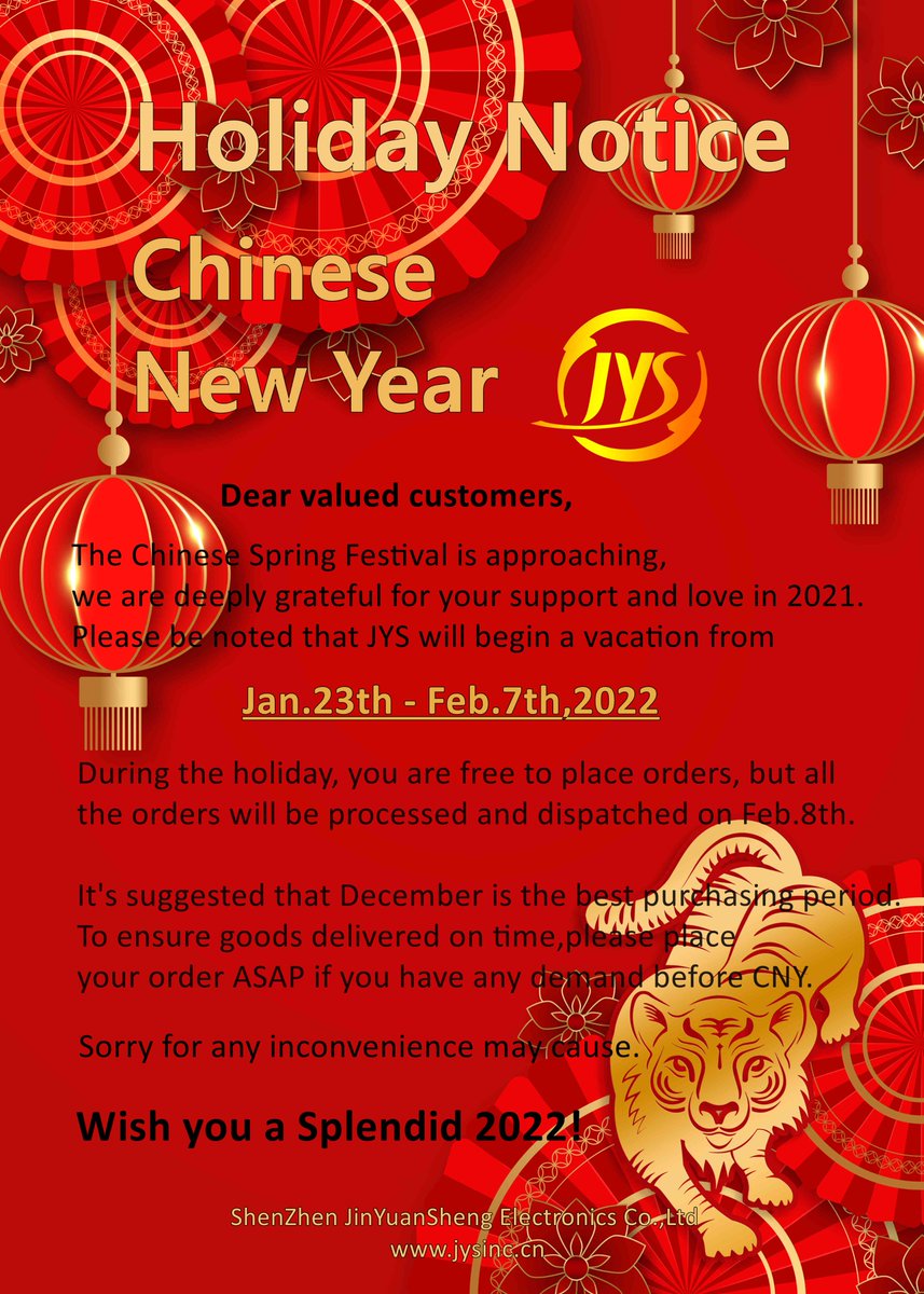 As the Chinese New Year is coming, kindly better make your order plan in advance within this month to avoid stock shortage or shipment delay,thanks!
#ChineseNewYear #HolidayNotice