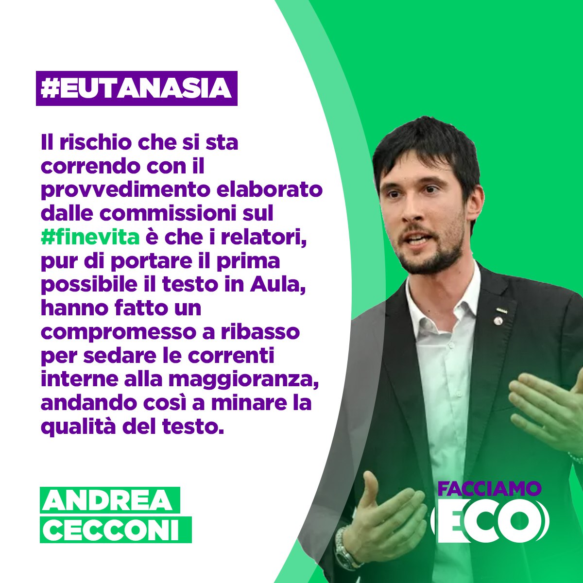 Facciamo_ECO's tweet photo. La verità è che i relatori, pur di portare il prima possibile il testo sul #finevita in #aula, hanno fatto un compromesso a ribasso per sedare le correnti interne alla maggioranza,minando la qualità del testo.👉 L'intervista di @andreacecconi84 https://t.co/Zeh62JaODU https://t.co/NOM8hZSLUm
