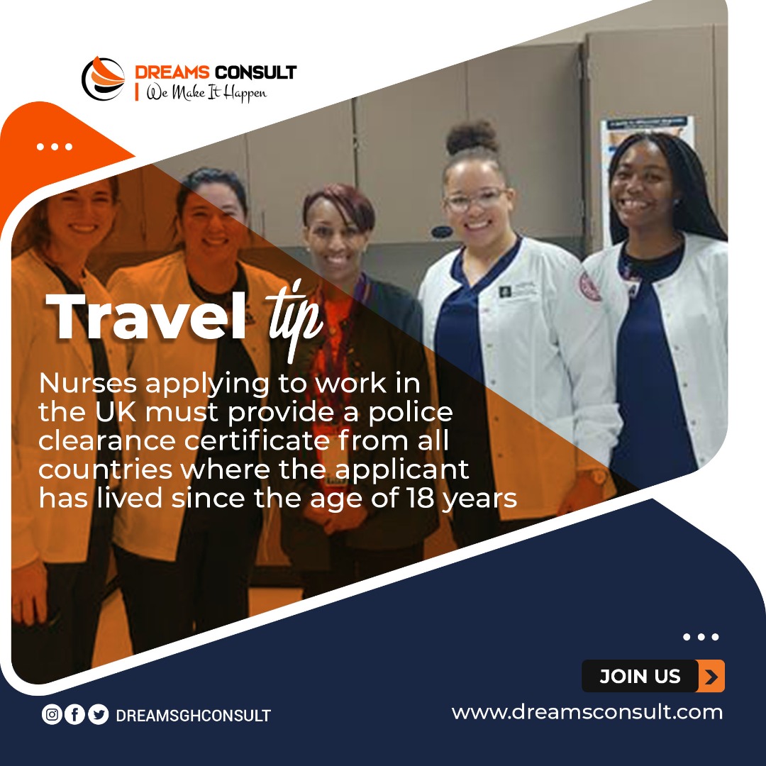 dreamsbridgeltd's tweet photo. Travel tip:
Nurses applying to work in the UK must provide a police clearance certificate from all countries where the applicant has lived since the age of 18 years
.
.
.
#dreamsconsult
#opportunities
#workabroad
#traveltip
#clearace
#nurses
#health
#uk https://t.co/WxGQkThzst