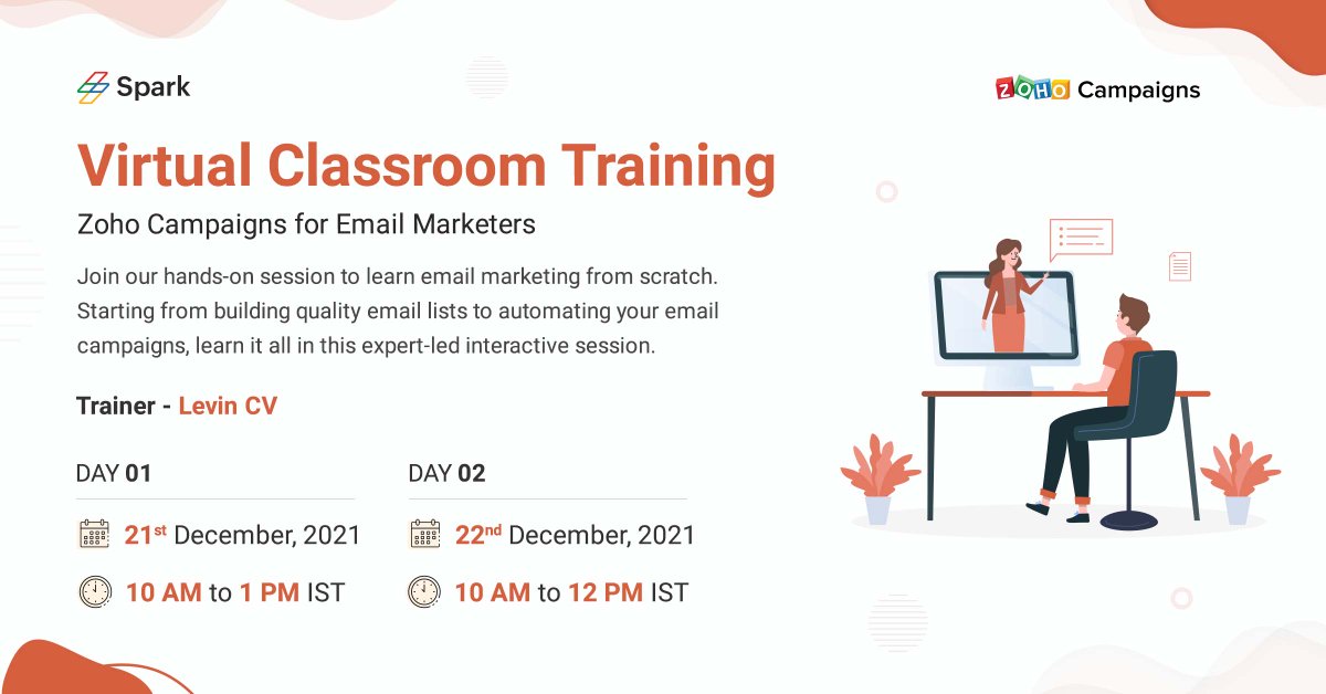 ZohoCampaigns's tweet photo. Looking for an #emailmarketingcourse to plan and run your email campaigns?
Join @ZohoSpark's virtual classroom training, next Tuesday and Wednesday, to learn #emailmarketing with Zoho Campaigns from basics to advanced.
Register now: https://t.co/3zyOkhsfgw https://t.co/ErWJhhZL7W