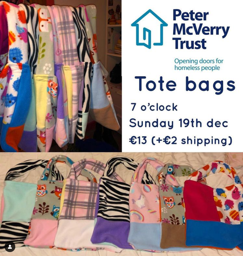 PMVTrust's tweet photo. A big thanks to Sew.u on Instagram, who is selling these gorgeous Tote bags on her this coming Sunday. All proceeds will go directly to Peter McVerry Trust, supporting us to continue the work we do, which this year is needed more than ever. Many thanks Aoife. #sharegenerously https://t.co/uo61tekdwS
