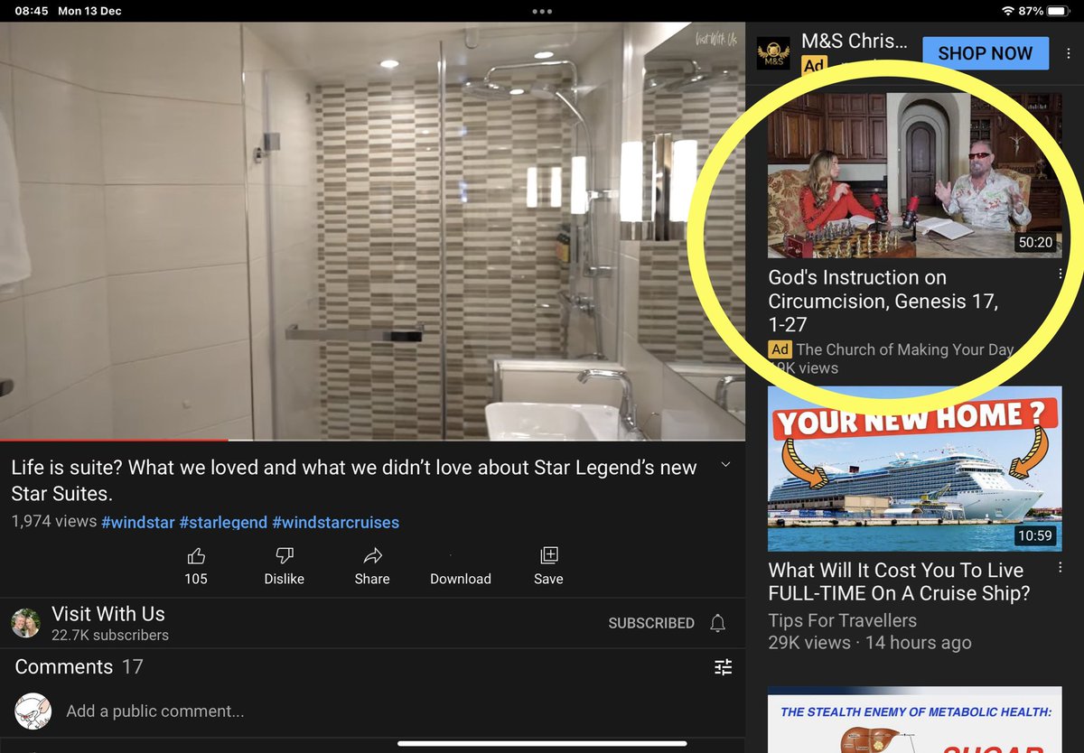 What da fuk YouTube? How on earth did clicking on a cruise ship video inform your algorithm that I needed a paid ad from these two grifters?  My subs and usual browsing is atheist and anti conspiracy