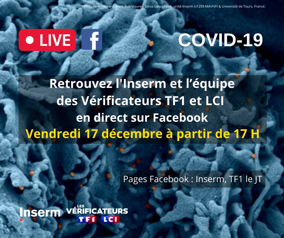 Inserm's tweet photo. #COVID19 : quels sont les sujets qui méritent selon vous un éclairage ?💡
🗓️Vendredi 17 décembre prochain l’#Inserm et l’équipe des Vérificateurs @verif_TF1LCI @TF1LeJT @LCI vous donnent RDV pour un #liveFB à partir de 17h.
Vous pourrez nous poser vos #questions en #direct ! https://t.co/bKTddIFgTV