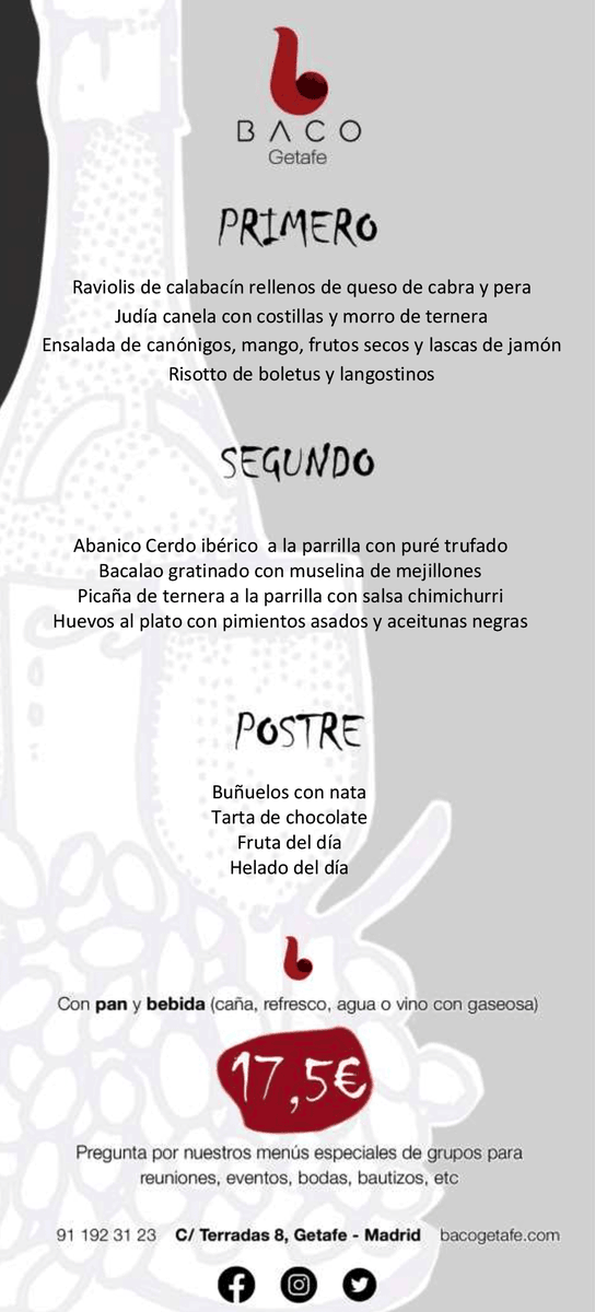 Sabemos que atreverse a probar nuestro #menudiario tiene su riesgo 😈, pero no hacerlo tiene mucho más!!! 😁 Descubre los deliciosos platos que tenemos para este #martes.
#bacogetafe #bacorestaurante #menudeldiagetafe