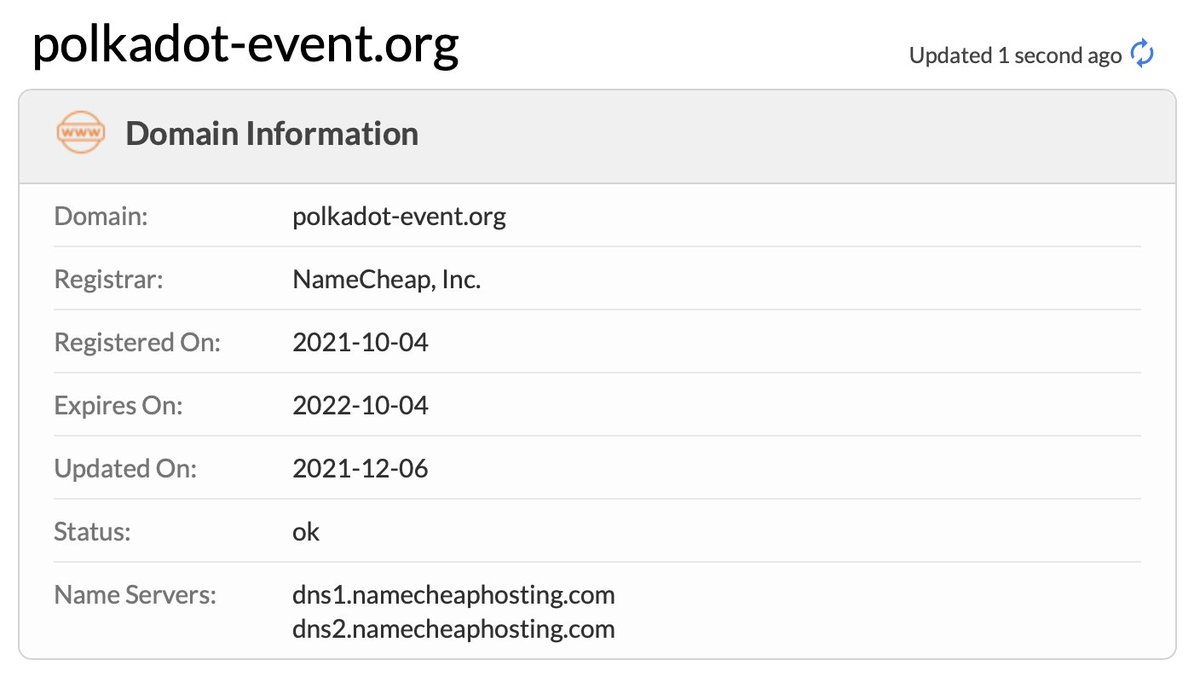 Scam giveaway site:
polkadot-event[.]org

<a href="/Namecheap/">Namecheap.com</a> please take it down