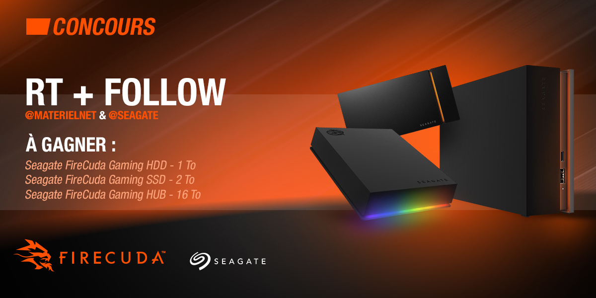 🎁 𝐂𝐎𝐍𝐂𝐎𝐔𝐑𝐒 🎁

🔥 RT + Follow <a href="/materielnet/">Materiel.net</a> &amp; <a href="/Seagate/">Seagate</a> pour tenter de gagner 2 disques durs et 1 SSD Seagate FireCuda 🔥

🎰 Tirage au sort le 23/12/21
📋 Règlement dispo sur bit.ly/3pToiOe
🤓 Tentez votre chance aussi sur Instagram et Facebook