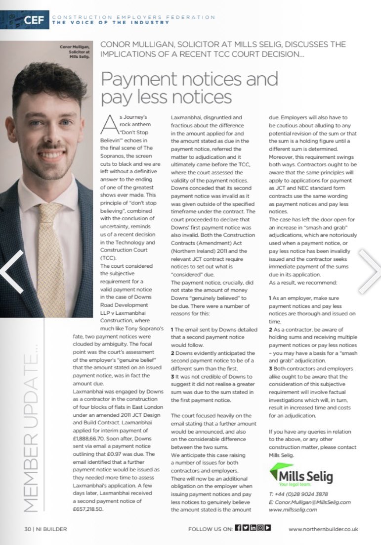 Talking all things payment notices &amp; pay less notices (and even some Tony Soprano) in this month’s <a href="/BUILDERMAG/">NI Builder Magazine and Events</a> magazine!

Have a read on page 30 👇

online.flippingbook.com/view/638960205/

#Construction #YourLegalTeam
<a href="/mills_selig/">Mills Selig</a> <a href="/CEFNI1/">CEF</a>